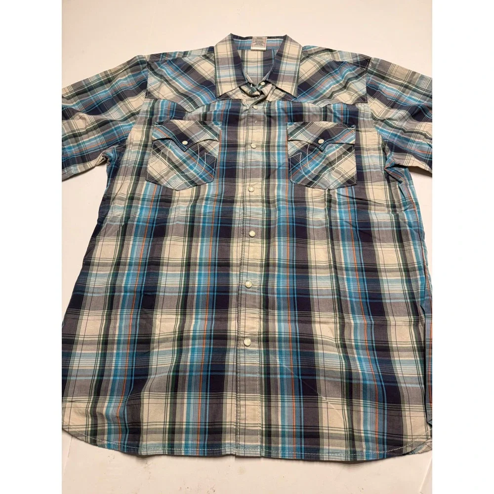 True Religion Mens XXXL Blue Plaid Western Snap Short Sleeve Shirt Horseshoe